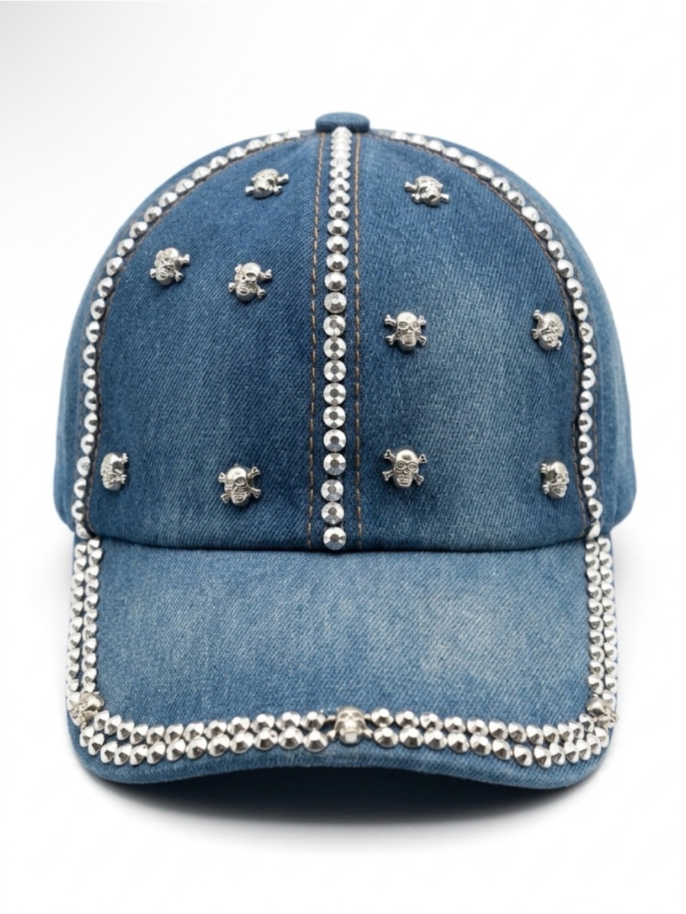 OLIVIA & KATE Denim Bling Baseball Hat Silver Rhinestone Skull Studs NWT